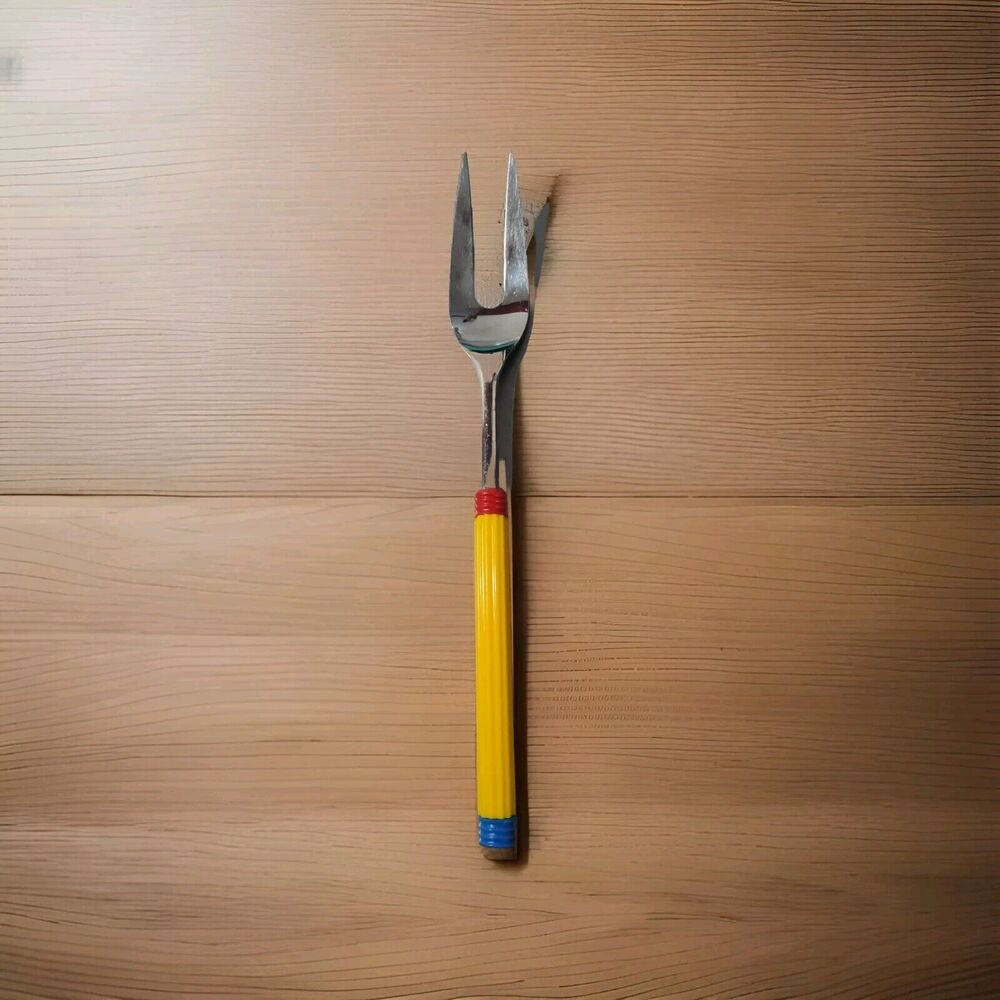 VTG crown Corning Stainless Serving/Meat Fork Plastic Yellow Trim Color Hand